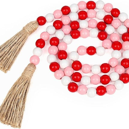 Wood Bead Garland with Tassel - Farmhouse Valentine Decor, Valentines Boho Wood Bead