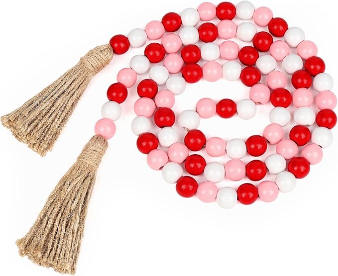 Wood Bead Garland with Tassel - Farmhouse Valentine Decor, Valentines Boho Wood Bead