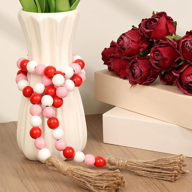 Wood Bead Garland with Tassel - Farmhouse Valentine Decor, Valentines Boho Wood Bead