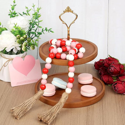 Wood Bead Garland with Tassel - Farmhouse Valentine Decor, Valentines Boho Wood Bead