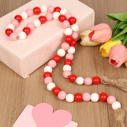 Wood Bead Garland with Tassel - Farmhouse Valentine Decor, Valentines Boho Wood Bead