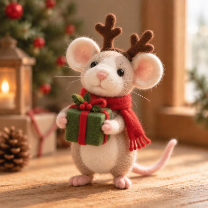 Handmade Needle Felted Reindeer Mouse Figurine - Cute Wool Felt Christmas Mouse Wearing Antlers and Red Scarf