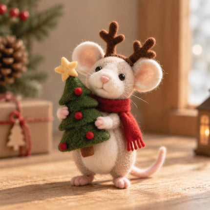 Handmade Needle Felted Reindeer Mouse Figurine - Cute Wool Felt Christmas Mouse Wearing Antlers and Red Scarf