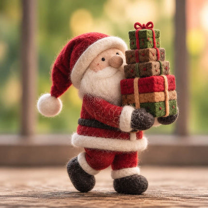 Handmade Needle Felted Santa Claus Figurine - Wool Felt Christmas Decoration with Gift Bag and Candy Cane