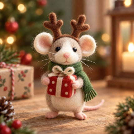 Handmade Needle Felted Reindeer Mouse Figurine - Cute Wool Felt Christmas Mouse Wearing Antlers and Red Scarf