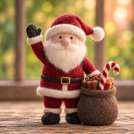 Handmade Needle Felted Santa Claus Figurine - Wool Felt Christmas Decoration with Gift Bag and Candy Cane