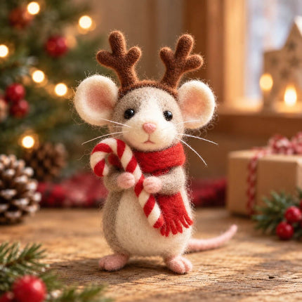 Handmade Needle Felted Reindeer Mouse Figurine - Cute Wool Felt Christmas Mouse Wearing Antlers and Red Scarf