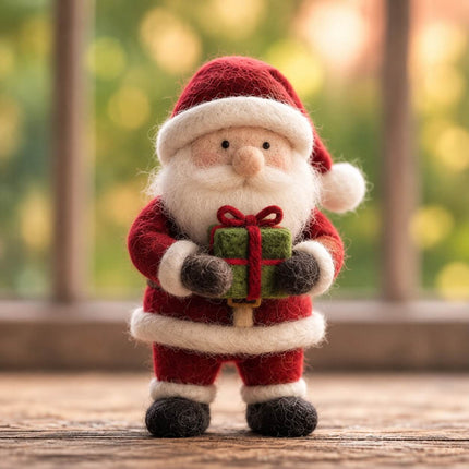 Handmade Needle Felted Santa Claus Figurine - Wool Felt Christmas Decoration with Gift Bag and Candy Cane