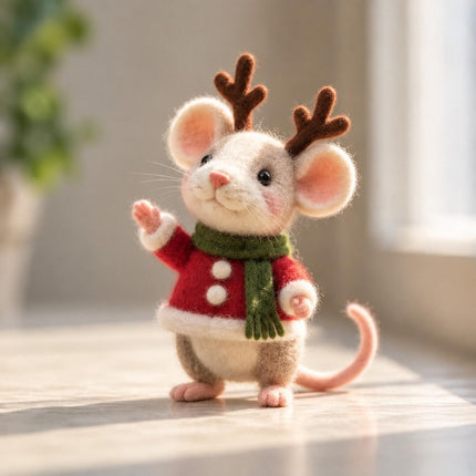 Handmade Needle Felted Reindeer Mouse Figurine - Cute Wool Felt Christmas Mouse Wearing Antlers and Red Scarf