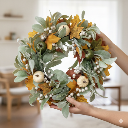 Eucalyptus Wreath | Faux Blueberries & Gold Accents, 16-Inch Door Decor