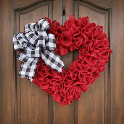 Wreaths for Front Door, Red Burlap Heart Wreath with Buffalo Check Bow