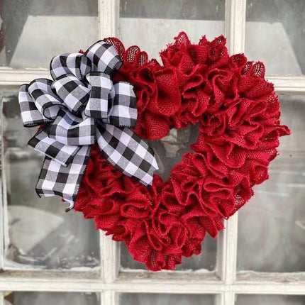 Wreaths for Front Door, Red Burlap Heart Wreath with Buffalo Check Bow