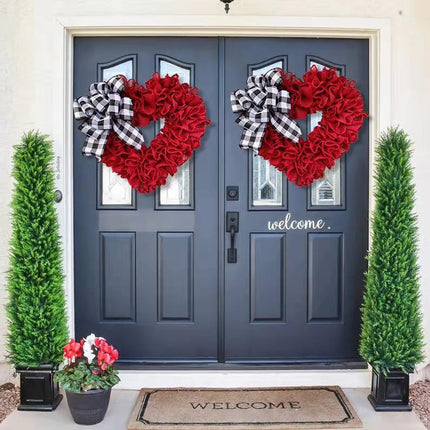 Wreaths for Front Door, Red Burlap Heart Wreath with Buffalo Check Bow