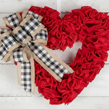 Wreaths for Front Door, Red Burlap Heart Wreath with Buffalo Check Bow