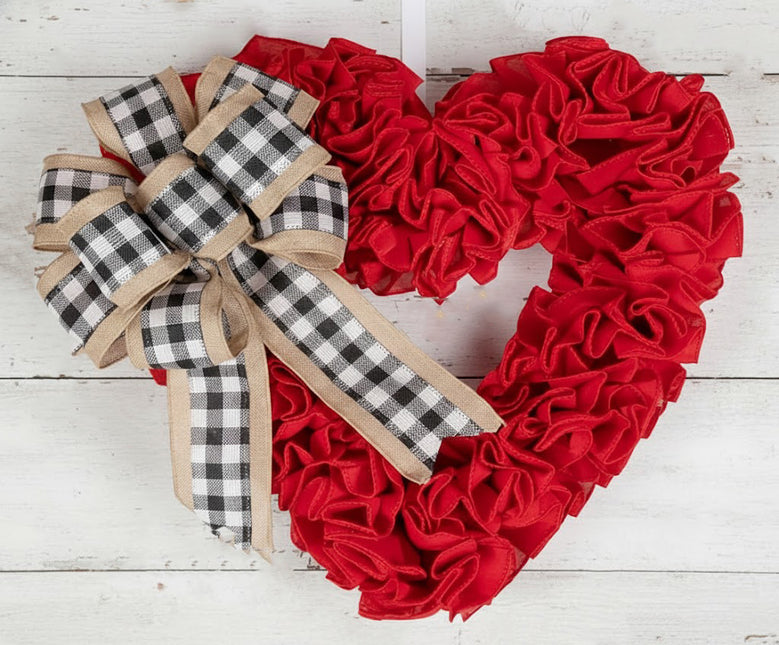 Wreaths for Front Door, Red Burlap Heart Wreath with Buffalo Check Bow