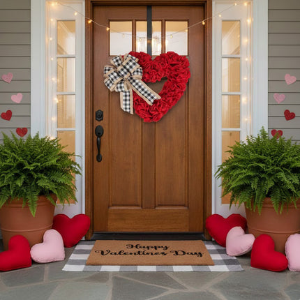 Wreaths for Front Door, Red Burlap Heart Wreath with Buffalo Check Bow