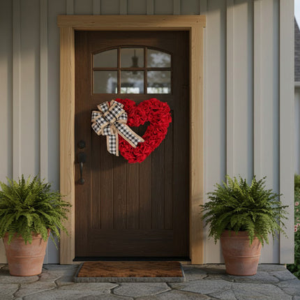 Wreaths for Front Door, Red Burlap Heart Wreath with Buffalo Check Bow