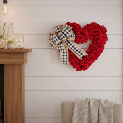 Wreaths for Front Door, Red Burlap Heart Wreath with Buffalo Check Bow